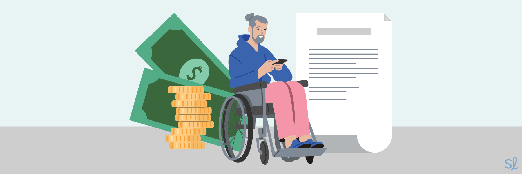 Person in wheelchair using cell phone. Green bills and coins and a white document in background.