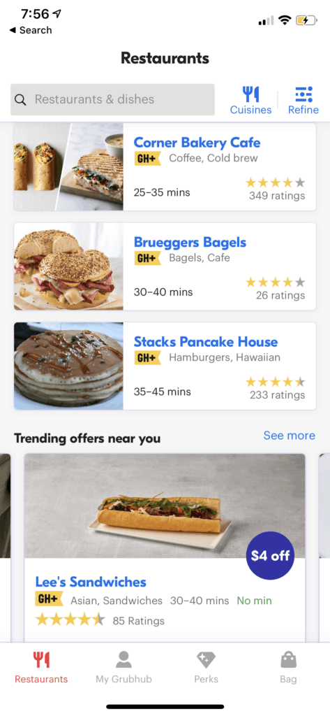 Searching for restaurants near me on the GrubHub app