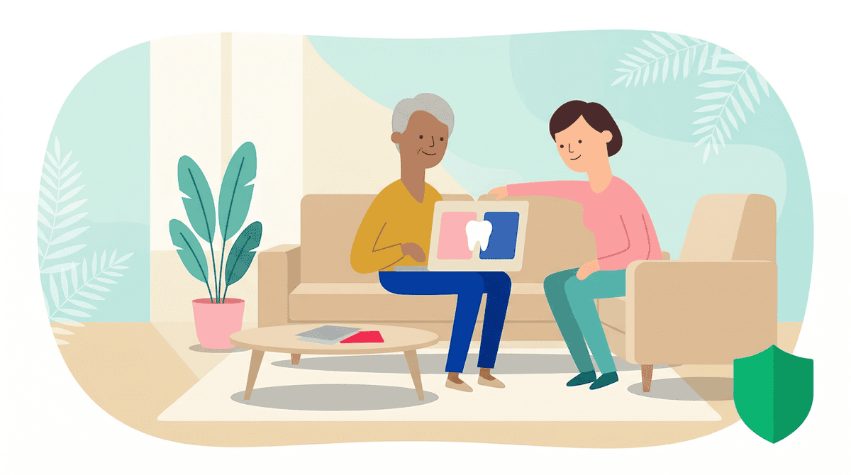 featured-dental-insurance-seniors-affordable-dental-plans Senior comparing dental plans with support, tooth icon emphasizes oral health and insurance choices.