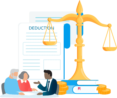 Three people discussing Deduction document next to a scale