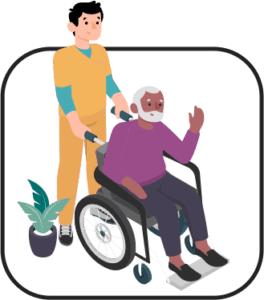 Caregiver pushing senior man in wheelchair