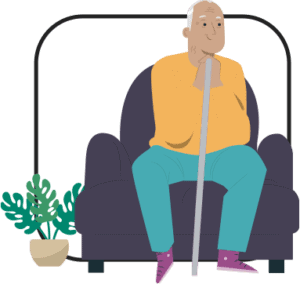 Senior man sitting on chair and holding cane