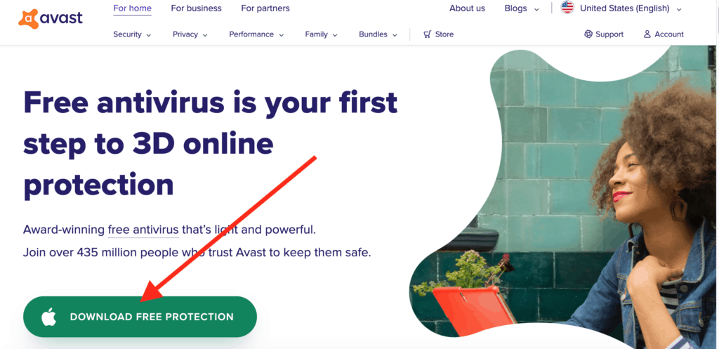 Click "Download free protection" on the Avast homepage