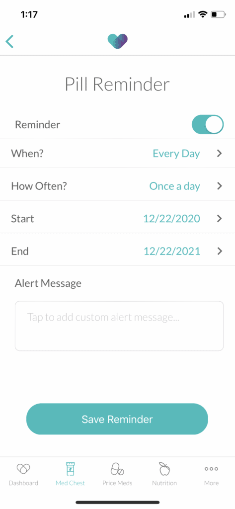 WellRx - Setting pill reminders in the mobile app