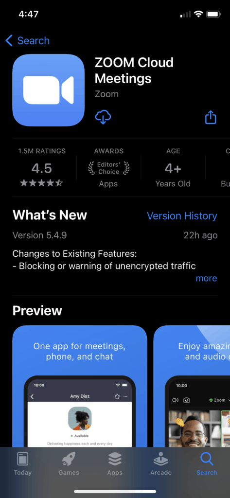 Zoom - Downloading the app on the Apple Store