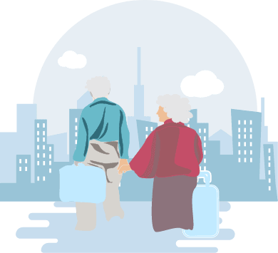 Elderly man and woman carrying suitcases
