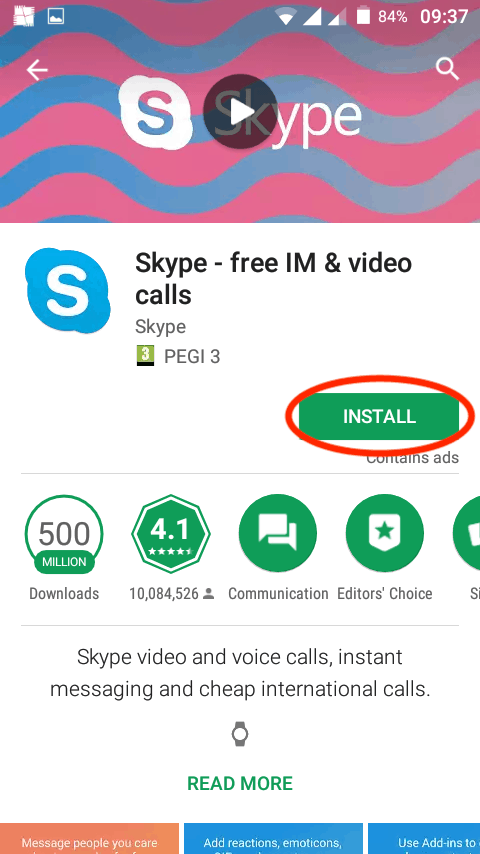 Installing Skype in the Google Play Store