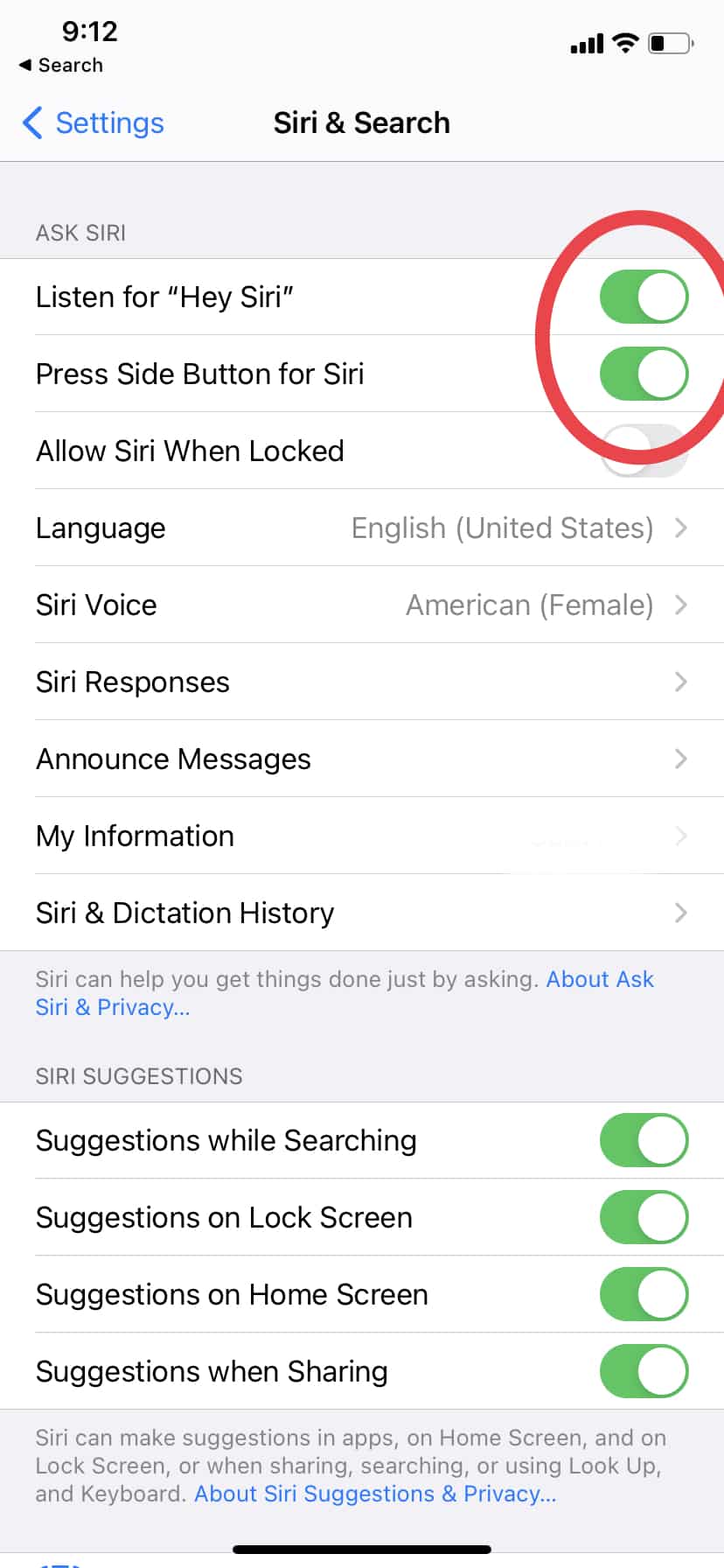 Changing your settings for summoning Siri