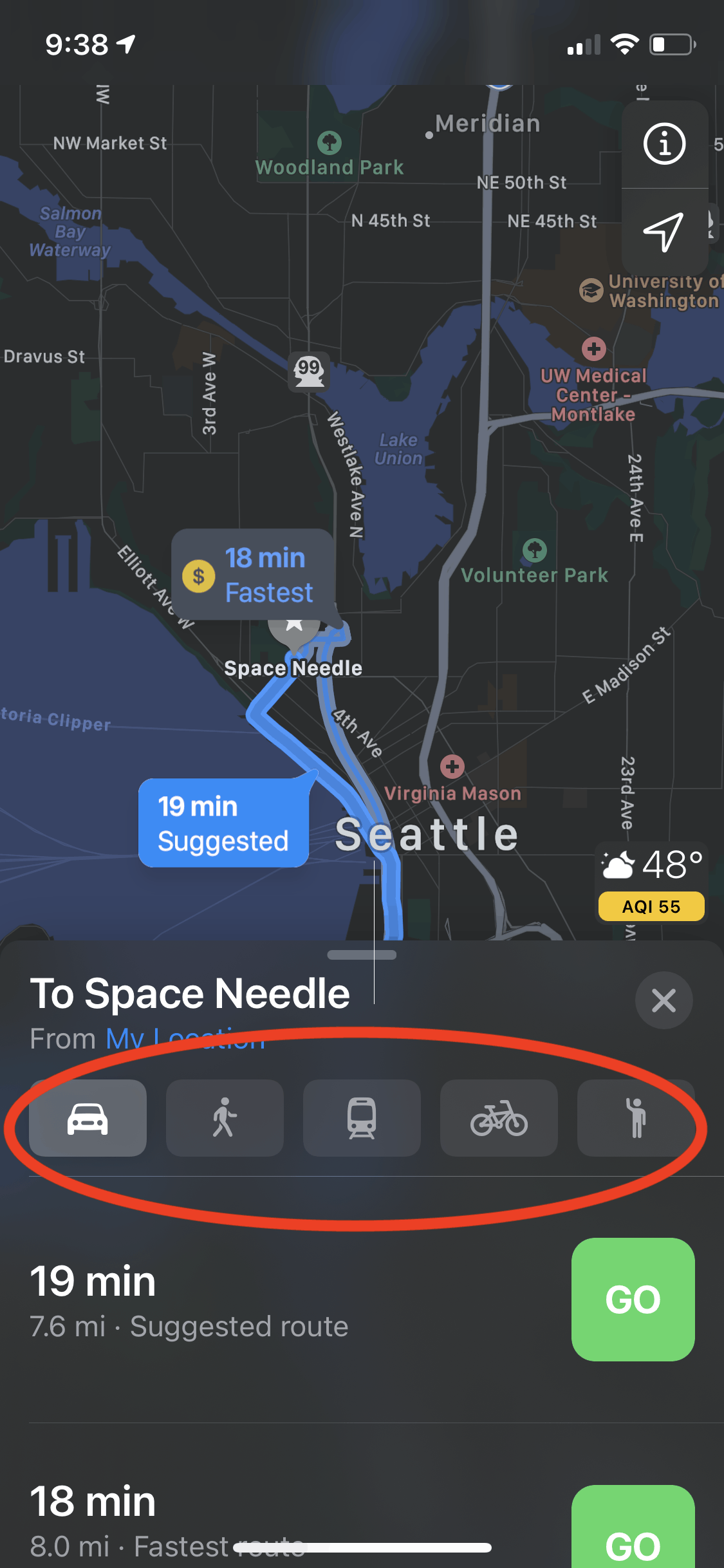 Choose your method of transportation - Apple Maps