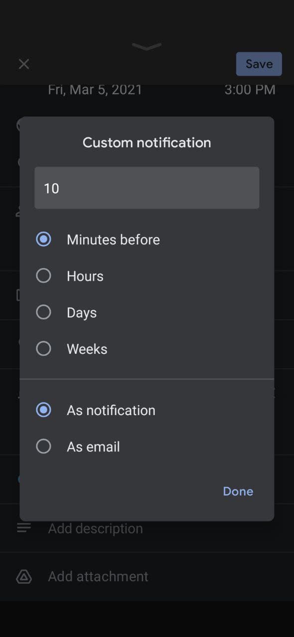 Set a custom notification for your Google Calendar event