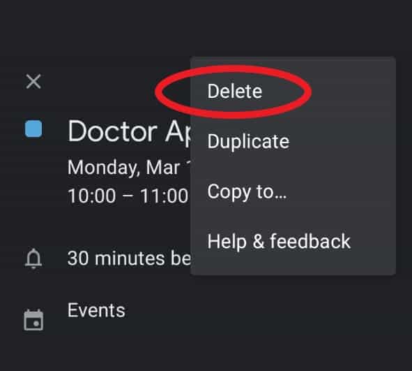 Tap "Delete" in your Google Calendar event
