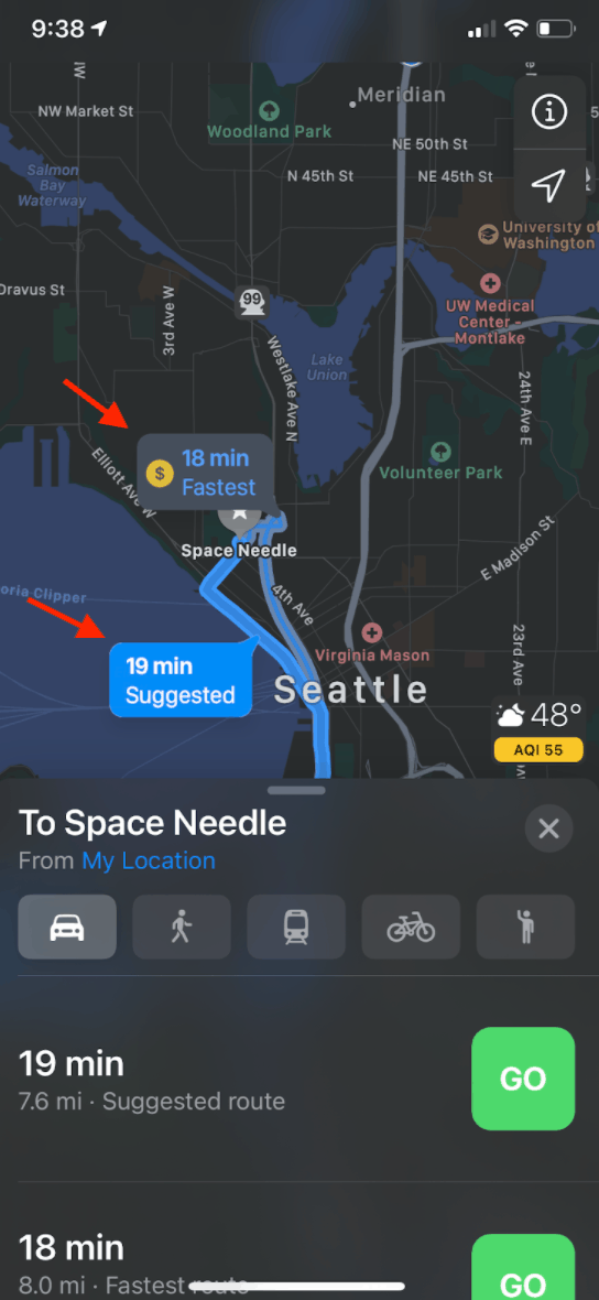Tap between different routes - Apple Maps