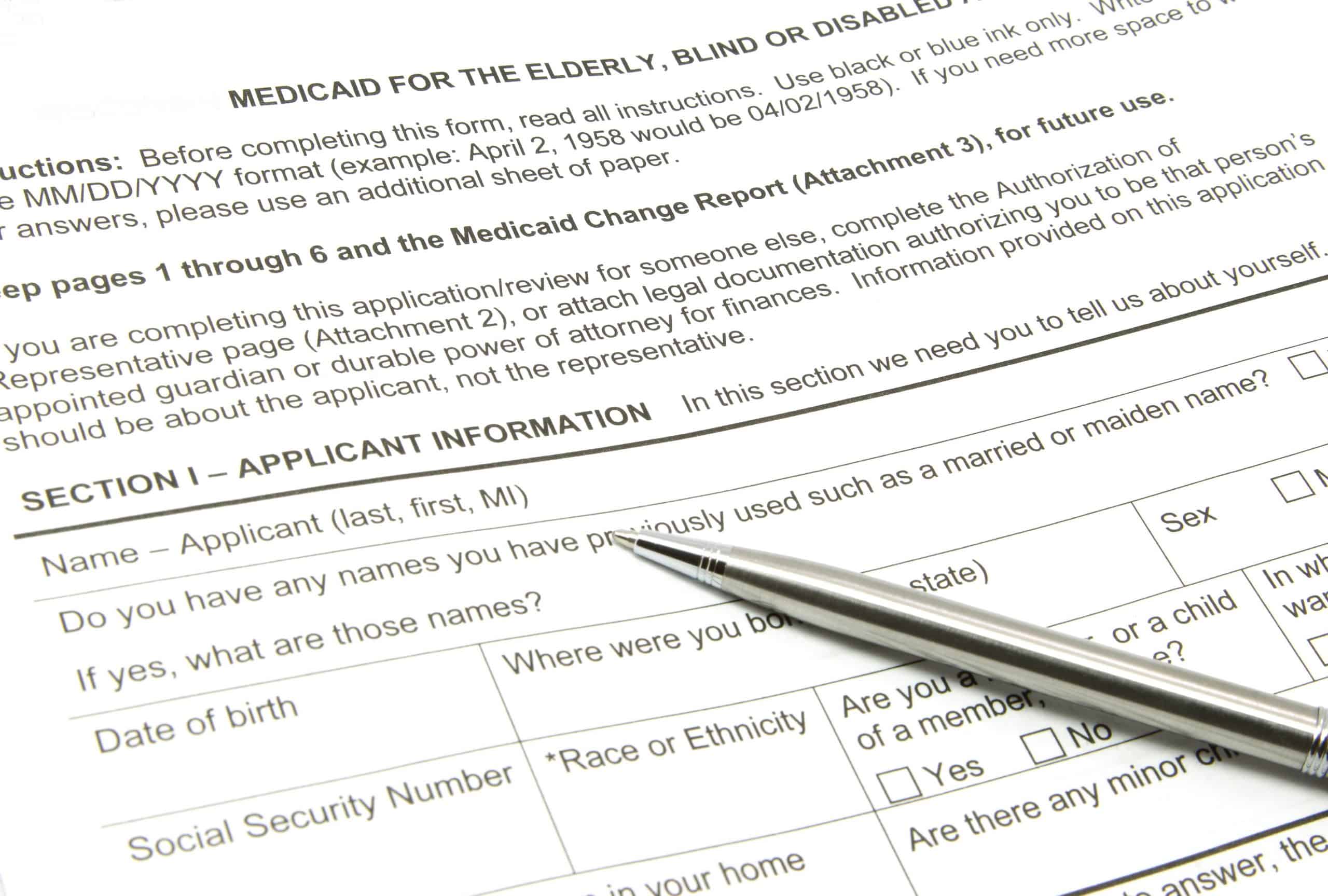 A Medicaid application ready to be filled out