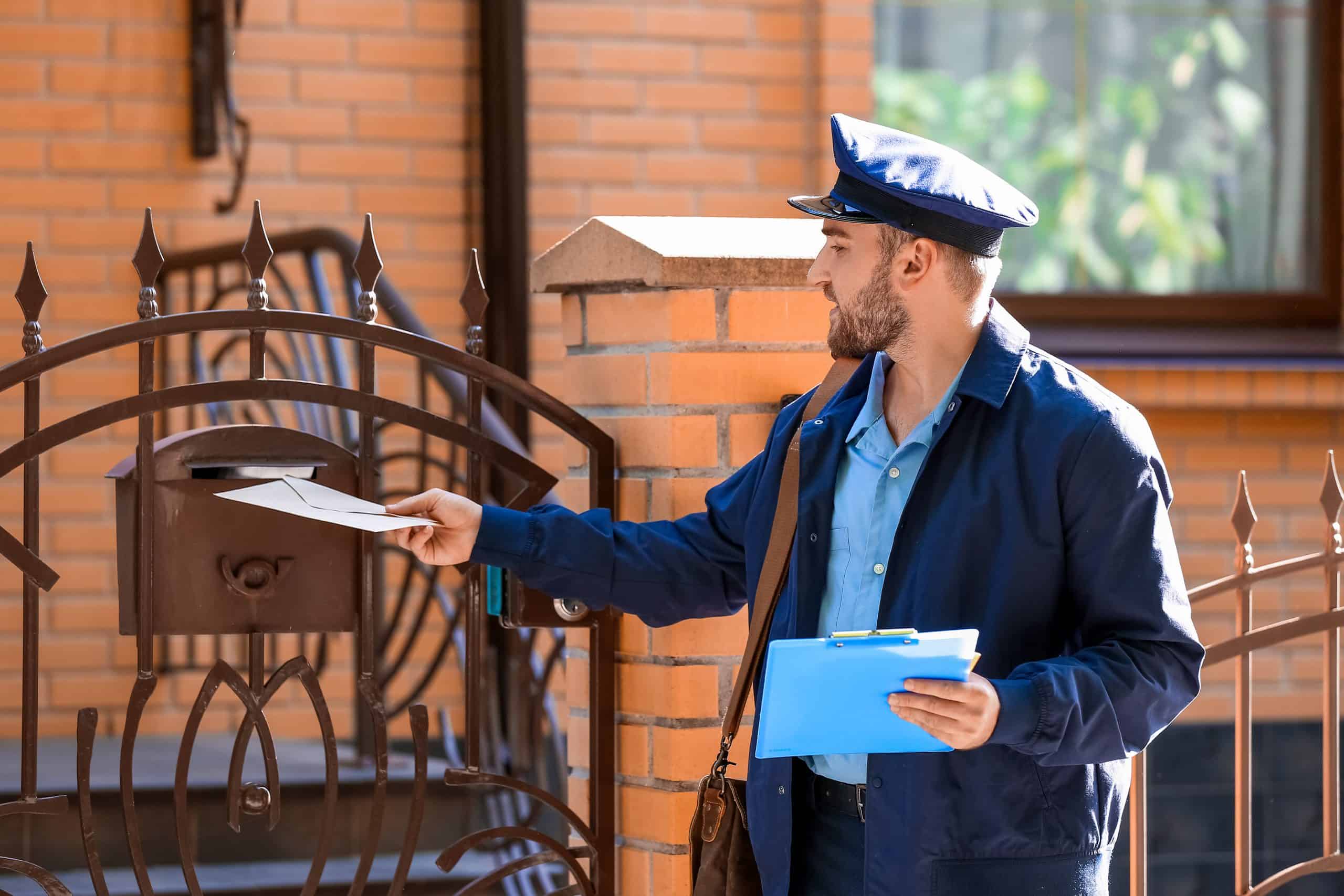 Mailman delivering mail at a house