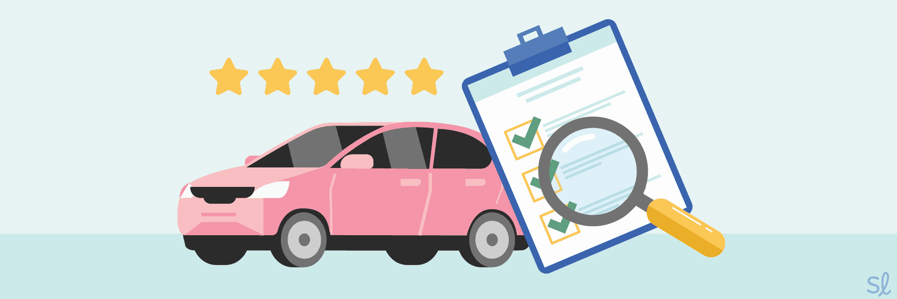 Pink car and magnifying glass over clipboard with checklist