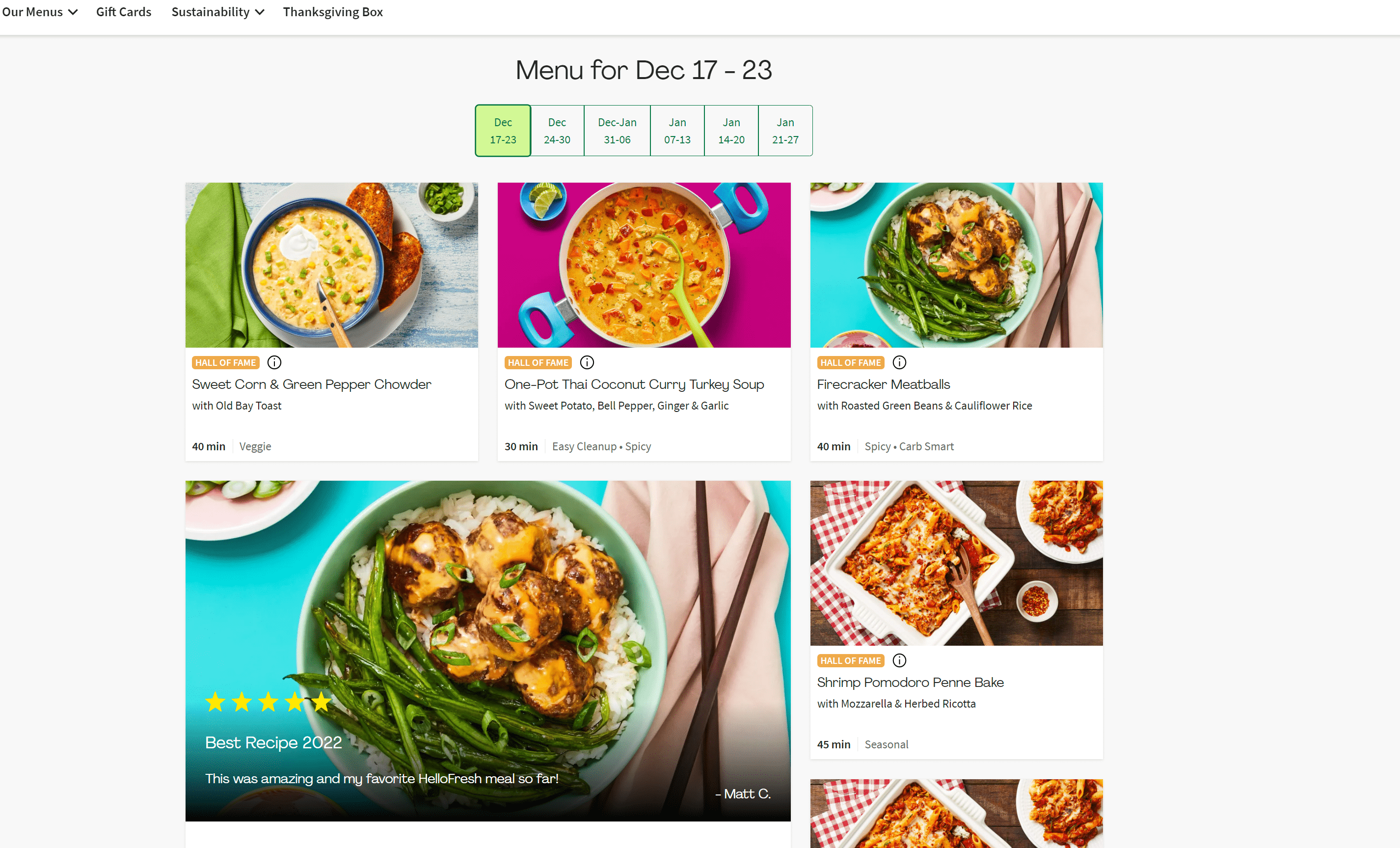 HelloFresh menu