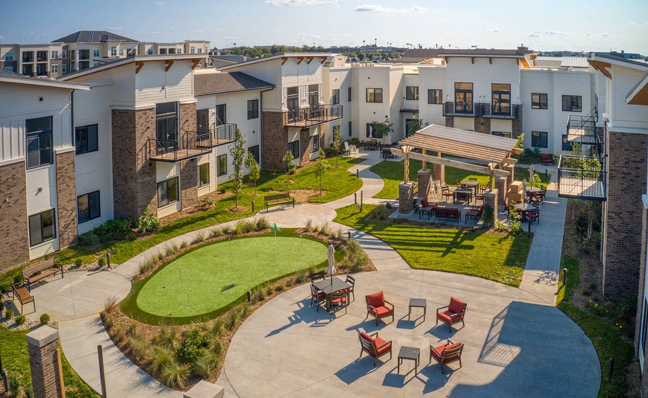 An overhead view of the courtyard at Preston Greens Senior Living.